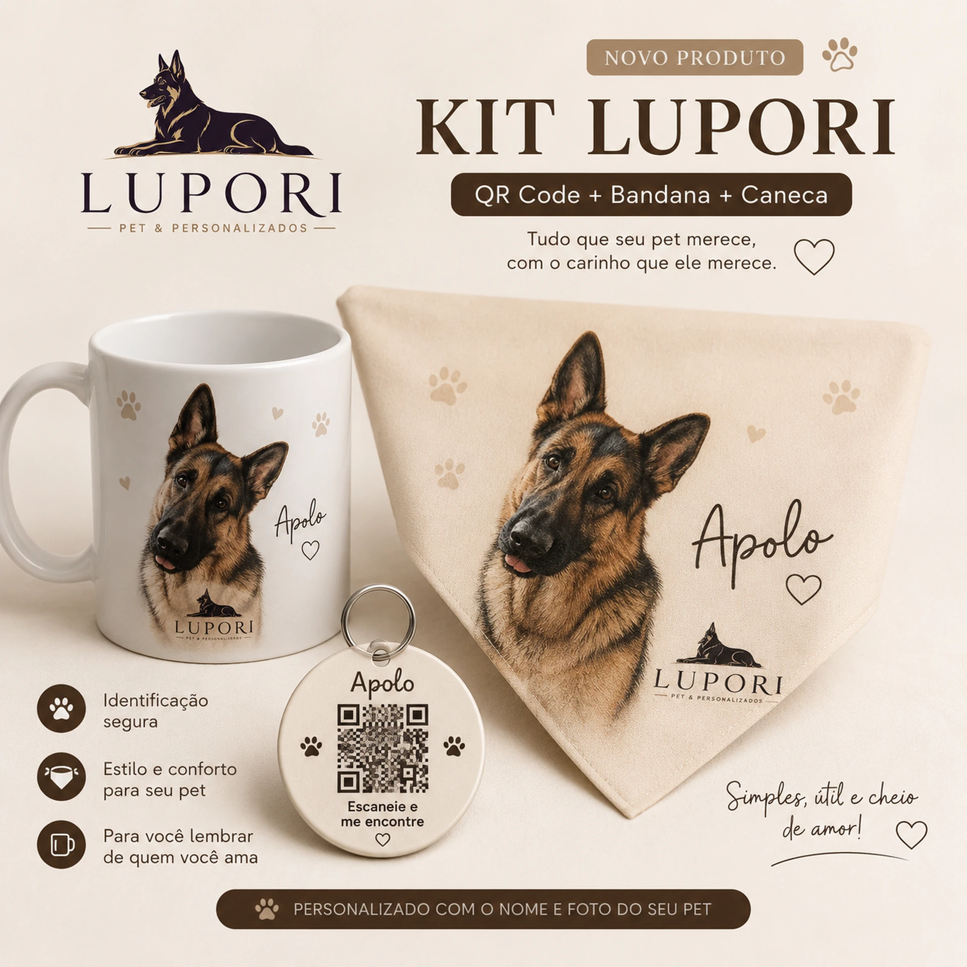 Kit Exclusivo Lupori com caneca, bandana e QR Code Pet